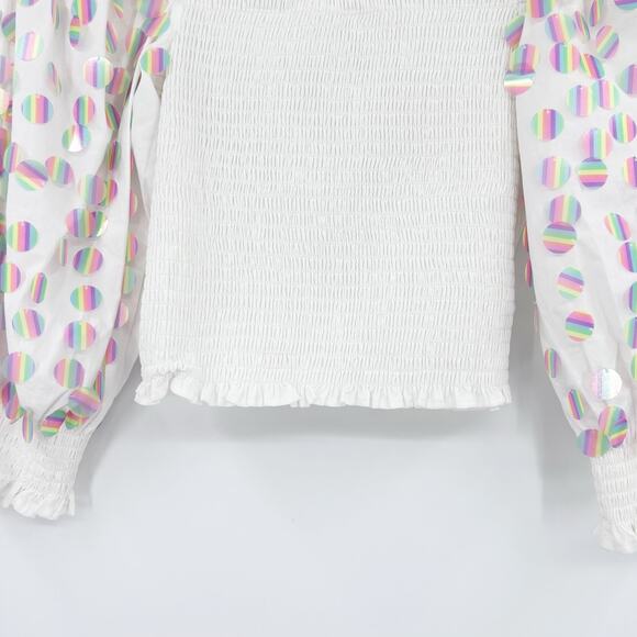 Queen of Sparkles White Smocked Top Iridescent Sequin Polka Dot Womens Size XS - Picture 13 of 14